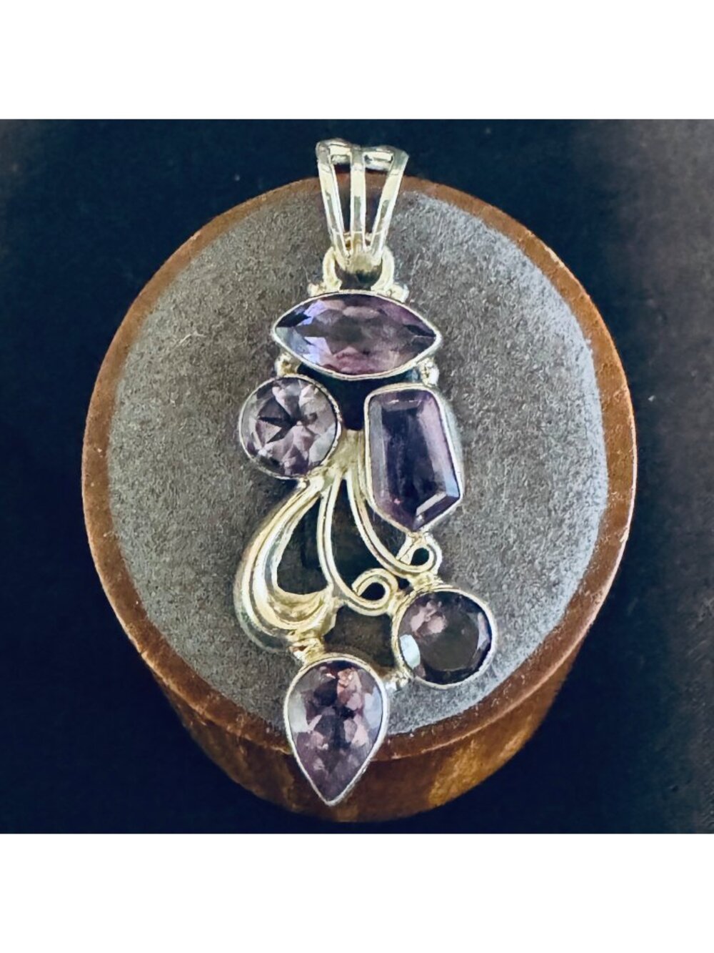 Sterling Silver 925 Amethyst Abstract Statement Pendant Size 2" Length